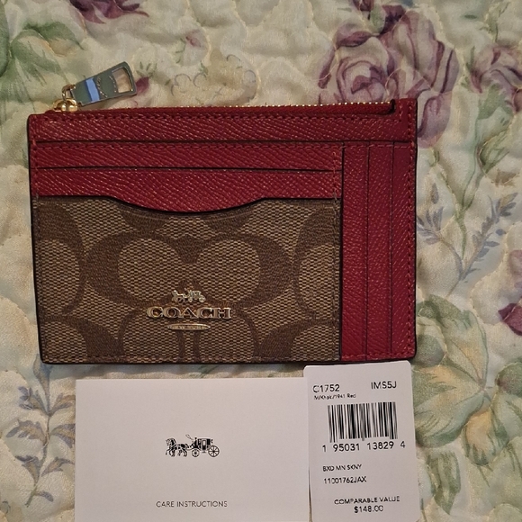 Coach Signature Red and Brown Key Card Holder - Picture 1 of 5